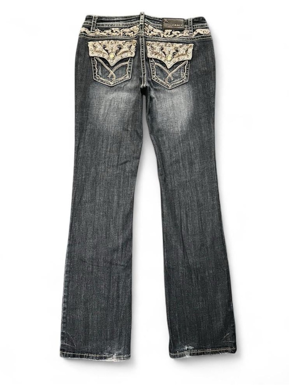 💎 GRACE in LA Vintage Y2K Distressed Jewel Studded Low Rise Bootcut Jeans